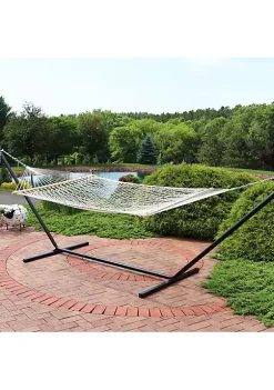 Flash Sale ⭐ 2-Person Polyester/Cotton Rope hammock with Steel Stand - Natural by Sunnydaze Decor 💯
