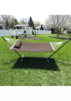Best Pirce ⌛ Sunnydaze 2 Person Quilted Designs Fabric Spreader Bar Hammock & Stand - Brown by Sunnydaze Decor ⭐