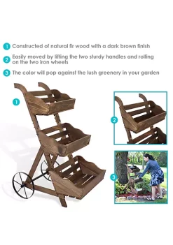 Flash Sale ✨ 39.25 in 3-Tier Wood Rolling Planter Box with Iron Wheels - Brown by Sunnydaze Decor 🔔 -Sunnydaze Decor Shop Belk 9921