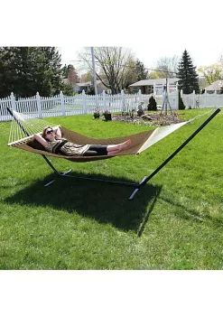 Best Sale 🎁 Sunnydaze 2 Person Quilted Designs Fabric Spreader Bar Hammock & Pillow - Brown by Sunnydaze Decor 💯 -Sunnydaze Decor Shop Belk 9964